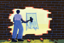 Illustration by Jackson Joyce Illustration of a person knocking down a brick wall and seeing a voting booth on the other side.