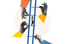 An illustration of a person climbing a ladder while giant hands add rungs to the ladder's frame.