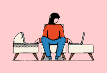 Illustration by Michael George Haddad Illustration of a parent with one hand caring for a child in a crib and one hand typing on a laptop.