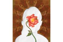 llustration by Danzhu Hu A white silhouette of a person's head with a brown backdrop and large bees surrounding the head like a halo. A bright pink rose with a bee pollinating it is inside the silhouette.