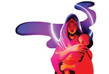 Illustration by Ryan McQuade A vibrant illustration of Mary in a hood holding baby Jesus in tones of violent, blue, orange, and red. A glowing halo surrounds her as she closes her eyes.