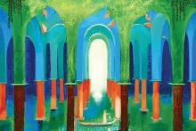 Illustration by Ric Carrasquillo An illustration of an underground waterway filled with pillars of brick, supporting arches of stone that give way to a ceiling of greenery and vines. A single gondola floats on the calm water in the center with a person standing in it with a lamp.