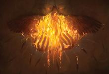 Illustration by Kat Ash An illustration of a bird engulfed in flames with its wings spread out being held in human hands. A person's face is visible in the dark backdrop with glowing orange eyes, staring down at the bird poised over their cupped hands as feathers float downward.