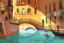 An illustration of a gondolier going through a Venetian canal with dolphins jumping out.