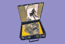 The illustration shows an open suitcase with the face of a man laughing on the bottom half, and a woman dancing in an empty room on the top half.  