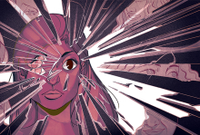 A graphic of a women with her eye wide open and shoots of purple light coming from behind her.