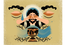 An illustration of a man with dark hair and a beard, covering his eyes as a tear falls. In front of him there is a chalice and flowing water. 