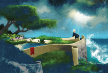 An illustration of sheep in a paradise, overlooking an ocean.