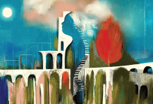 Graphic of an abstract figure of a woman with a staircase leading up to her mind.