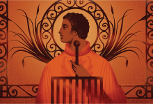 Illustration of a man looking to his side, surrounded by abstract swirls and plants all in an orange hue.