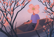 Illustration of a woman with a cherry blossom covering her face as she floats down a stream in a canoe.