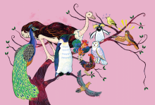 The illustration is of a variety of birds on a branch. There is a peacock, a penguin, an emu, a chicken and rooster, an owl, a hawk, a sparrow, and one of those penguins with fluffy yellow hair