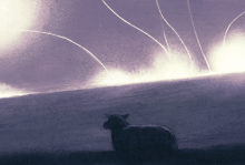 The illustration shows a sheep looking out at a hill that is lit up with bombs. 