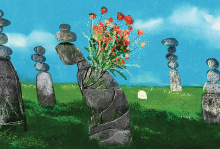 The illustration shows five stacks of rocks in a grassy field with a blue sky. Coming out of one of the stacks is a bouquet of red flowers 