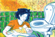 Illustration by Hannah Lock An illustration of a mother sitting down in a bathroom breastfeeding her infant. She leans against a wall with green tiles on the bottom section and swirls of orange paint on the top third of the wall.