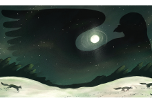 Illustration of the silhouette of a bird in the night sky with its wing surrounding the moon