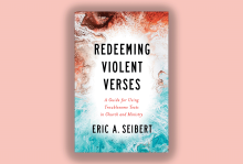 The image shows the cover of the book redeeming violent verses by Eric Seibert, which is kind of a marbled blue and red, on a light red background.