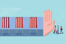 Illustration by Ellen Weinstein An illustration of a giant hand preventing hopeful voters from accessing the polls.