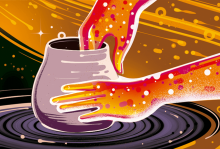 An illustration of two hands shaping clay into a pot. 