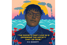 Honduran American climate activist Vic Barrett / Illustration by Natalie Foss An illustrated portrait of Vic Barrett, a young Honduran climate activist. In the background are mountain silhouettes at sunset and ocean water.