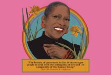 Illustration by Kim Thompson Illustration of Pamela R. Lightsey, a black lesbian Methodist elder. She has a shaved head and is smiling with red lipstick. She wears a black shirt, red earrings, and red bangles with black stripes. She is framed by a rainbow circle and yellow lilies.