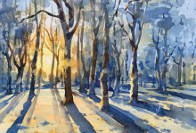 The image is a watercolor painting of a barren forest with a layer of snow and a setting sun shining through the trees. 