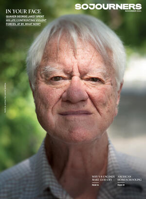 An image of the November 2026 issue of Sojourners, titled "Face to Face." It features George Lakey on the cover
