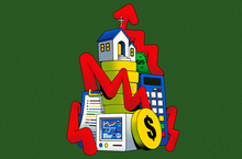 cartoon of chapel standing atop coins and financial charts