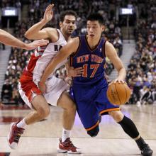 Jeremy Lin drives to the basket against the Toronto Raptors, Feb. 14, 2012. Phot