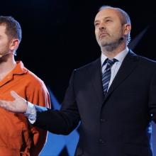 Darren Morfitt as Jesus and Keith Allen as Pontius Pilot. Image via the BBC.