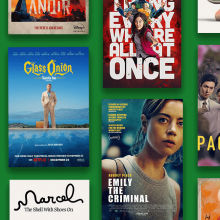 Images of TV and movie posters are tiled against a green background.