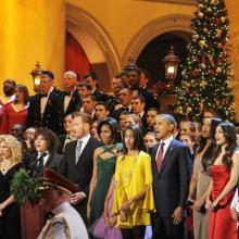 Justin Bieber (far right) sings with the Obama family at the Christmas in Washin