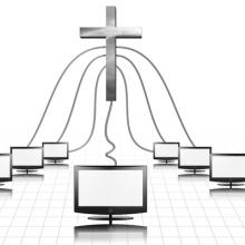 A cross plugged into computer screens. Illustration courtesy Bruce Rolff/shutter