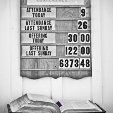 Church attendance board, SUSAN LEGGETT / Shutterstock.com