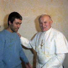 A scan of a negative of Pope John Paul II meeting his would-be assassin, Mehmet 