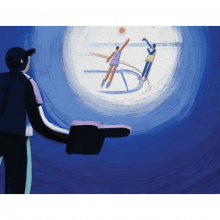 Illustration of a kid with a foam finger watching a basketball game.
