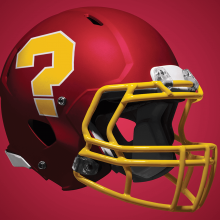 Illustration of a burgundy and gold football helmet with a question mark on the side