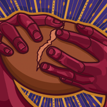 The illustration shows two purplish hands breaking apart a loaf of bread. The background is a purple and yellow burst of lines coming from the center. 