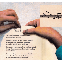 Illustration of a hand holding a needle above Psalm 46; in an inset, a line of sheet music is threaded through the eye of the needle