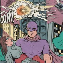 A comic book illustration of a male superhero in purple tights, a purple cowl, and red gloves. He's holding a woman in his arms in a city park as a police helicopter circles a tower in the background, where an explosion occurs on an upper floor.