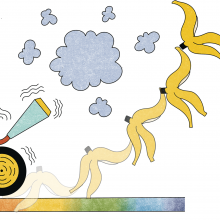 Illustration of a video-game avatar in a kart sliding on a banana peel off Rainbow Road