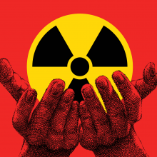 Illustration of hands holding a nuclear radiation symbol as they would a paten