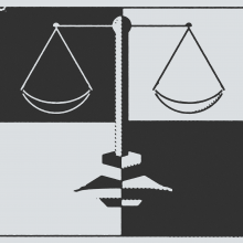 Illustration of justice scales within different squares of a black-and-white checkerboard
