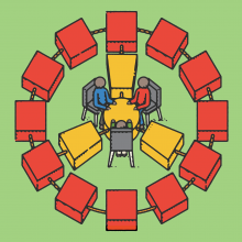 Illustration of connected blocks arranged in a circle that form a negotiating table at the center
