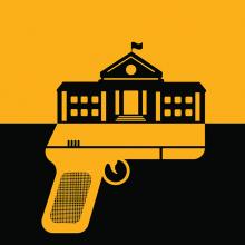 An illustration with a horizontally split background, the upper half in yellow and lower half in black. A yellow pistol is layered over the latter, and a black outline of a school is layered over the former, resting on top of the gun.