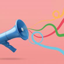 An illustration of a megaphone with colorful ribbons streaming out. 