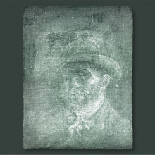 An x-ray image of a faded van Gogh self-portrait, which depicts him in a slight side profile to the camera. Van Gogh has a short beard and is wearing a hat and jacket.