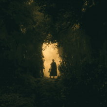 A robed figure stairs through a bright opening in the trees of a dark forest
