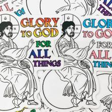 An illustration of Jesus sitting on a globus cruciger as he raises his hand to text that reads, "Glory to God for all things." One version depicts the text in the colors of the LGBT Pride flag and the other the colors of the transgender flag.
