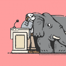 An illustration of a pastor whispering in to the ears of an elephant.